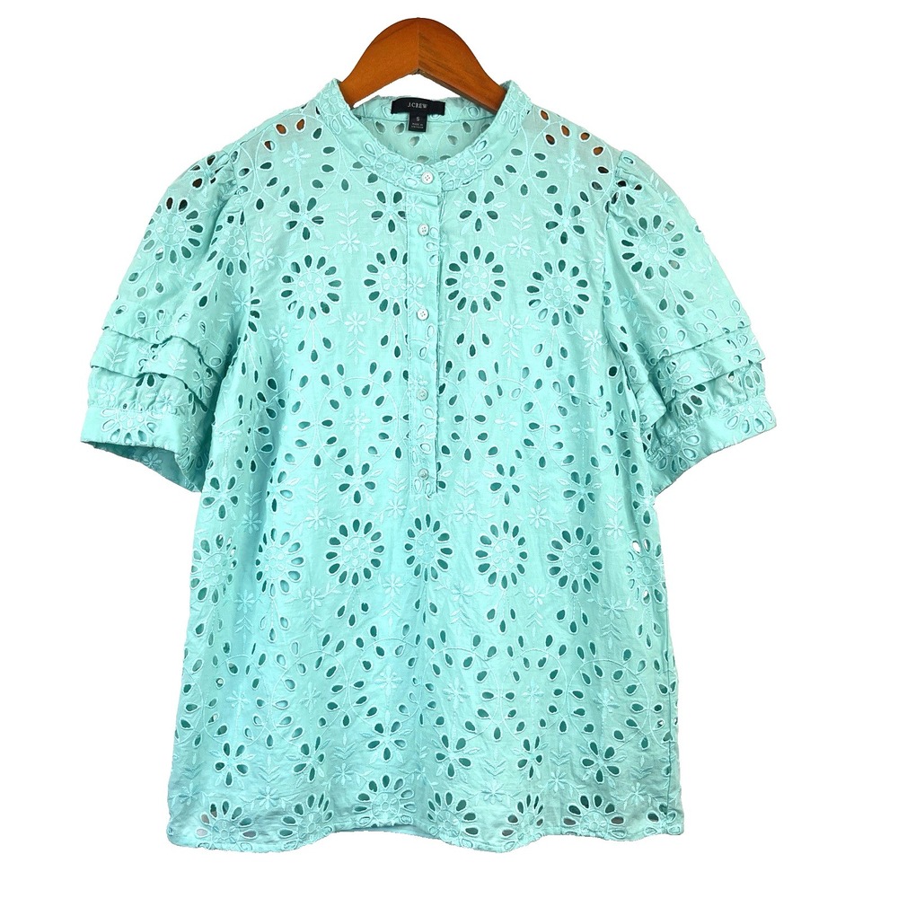 J. Crew Womens Eyelet Puff Sleeves Henley Top Sz  S Aqua Tank Cami Preppy Casual